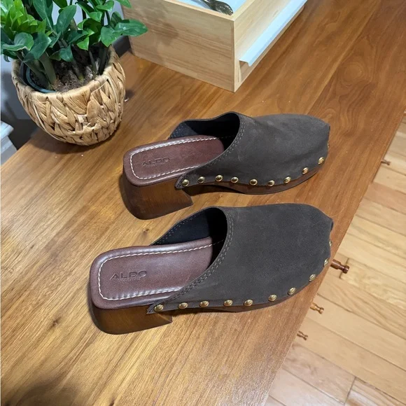 Aldo Brown Suede Studded Clog Mule - Picture 4 of 8